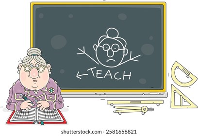 Grumbling, prim and strict school old teacher with an open class register near a classroom blackboard with a funny caricature of her, vector cartoon illustration on a white background