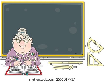 Grumbling and strict old school teacher with an open class register giving a lesson in a classroom with a blackboard, vector cartoon illustration on a white background