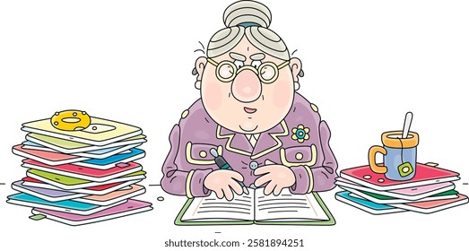 Grumbling and strict school old teacher checking exercise books with homework and classwork of her students, vector cartoon illustration on a white background