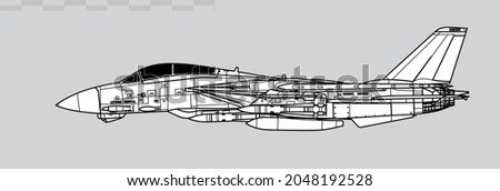 Grumman F-14 Tomcat with AIM-54 Phoenix missiles. Vector drawing of navy supersonic fighter. Side view. Image for illustration and infographics.
