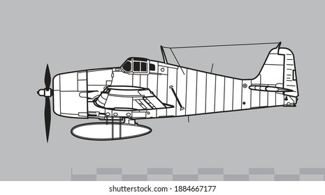 Grumman F6F Hellcat. Vector Drawing Of WW2 Navy Fighter. Side View. Image For Illustration And Infographics.