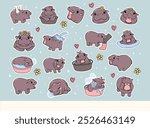 Grumpy Baby Pygmy Hippo Playful bouncy pig Cartoon Hand Drawn Doodle Sticker Sheet