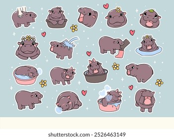 Bebê mal-humorado Pigmeu Hippo Porco saltitante brincalhão Desenhado à mão Doodle Sticker Sheet