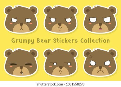 Grumpy bear stickers vector set. Printable animal stickers, bear shaped sticker template cartoon vector.