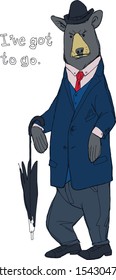 Grumpy bear in a suit with umbrella has got to go
