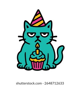 Gato de aniversário ranzinza com Cupcake - Festa Engraçada Animal 


