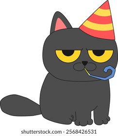 Grumpy Black Cat Blowing Noisemaker Cartoon Illustration