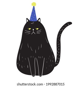 Grumpy Black Cat In Doodle Style Wearing Birthday Hat. Funny Childish Pet Character Sitting With Serious Face. Hand Drawn Vector Illustration