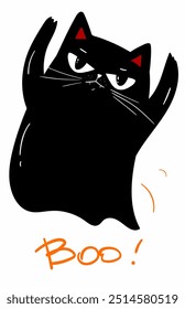 Fantasma de gato preto ranzinza. Boo. Feliz Dia das Bruxas. Animal assustador. Caricatura de meme kawaii personagem assustador. Cara irritada. Plano de fundo laranja