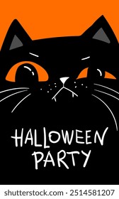 Grumpy Black cat Halloween party. Boo. Happy Halloween. Scary animal. Meme cartoon kawaii spooky character. Angry face. Orange background