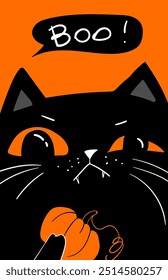 Gato preto ranzinza segurando abóbora. Boo. Feliz Dia das Bruxas. Animal assustador. Caricatura de meme kawaii personagem assustador. Cara irritada. Plano de fundo laranja