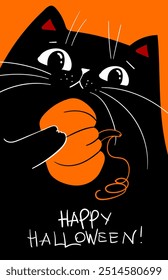 Gato preto ranzinza segurando abóbora. Boo. Feliz Dia das Bruxas. Animal assustador. Caricatura de meme kawaii personagem assustador. Cara irritada. Plano de fundo laranja