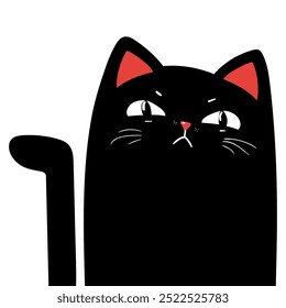 Grumpy black cat. Sad face head. Black isolated silhouette. Kawaii Flat design.  Childish style. White isoted background. Vector