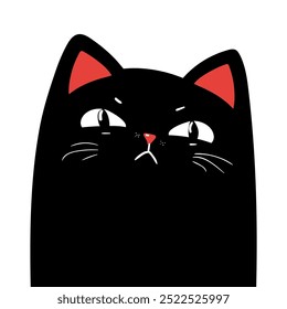 Grumpy black cat. Sad face head. Black isolated silhouette. Kawaii Flat design.  Childish style. White isoted background. Vector