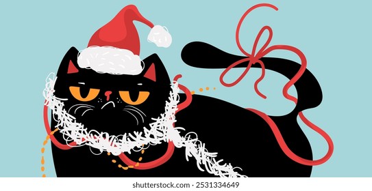 Grumpy black cat in Santa hat with Christmas garland. Merry Christmas and Happy New Year. Vector illustration in flat style