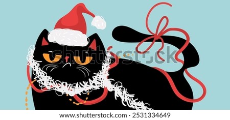 Grumpy black cat in Santa hat with Christmas garland. Merry Christmas and Happy New Year. Vector illustration in flat style