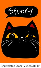 Grumpy Black cat saying Boo. Happy Halloween. Scary animal. Meme cartoon kawaii spooky character. Angry face. Orange background