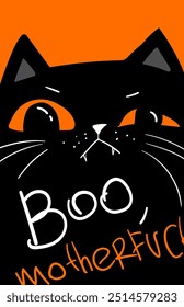 Grumpy Black cat saying Boo. Happy Halloween. Meme, memes, middle finger style. Meme cartoon kawaii spooky character. Angry face. Orange background