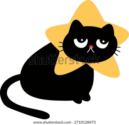 Grumpy Black Cat Wearing Yellow Star Collar or Hat, Hand Drawn Vector Illustration of Funny Kitty Mascot for Celebration, Winner, Success, or Best Friend