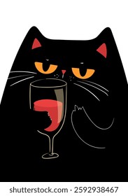 Grumpy Black Cat with Wine Glass Funny Cat Illustration
