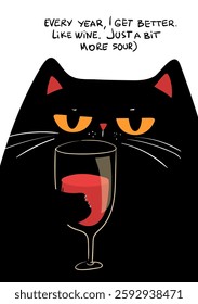 Grumpy Black Cat with Wine Glass Funny Cat Illustration
