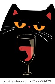 Grumpy Black Cat with Wine Glass Funny Cat Illustration
