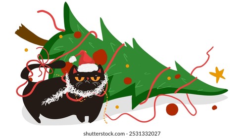 Grumpy black cats knocked down a Christmas tree. Flat vector Christmas illustration.