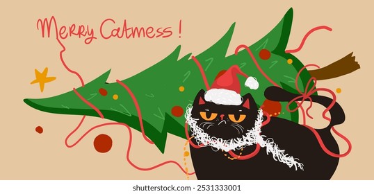 Grumpy black cats knocked down a Christmas tree. Flat vector Christmas illustration. Meowy Catmess