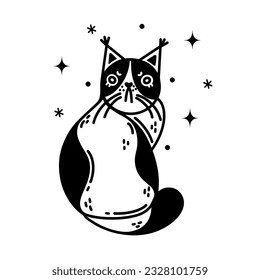 Grumpy black and white cat vector icon. Irritated spotted kitten sits and gets angry. Sad pet, domestic animal. Simple doodle, sketch. Isolated clipart. Line art drawing for posters, print, stickers