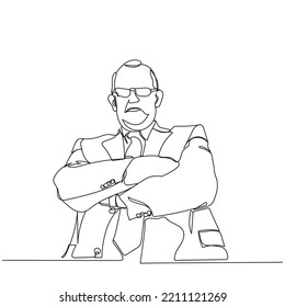 Grumpy boss. World boss' day. Old angry manager. Frustrated man. Angry middle aged man . Line art of typical mean boss. Business setting. Grumpy teacher. Serious lppking people vector art. hands cross