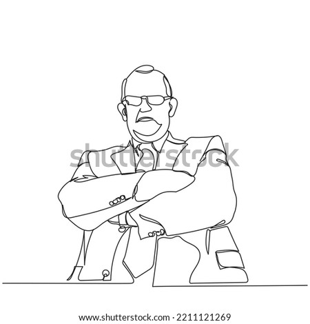 Grumpy boss. World boss' day. Old angry manager. Frustrated man. Angry middle aged man . Line art of typical mean boss. Business setting. Grumpy teacher. Serious lppking people vector art. hands cross