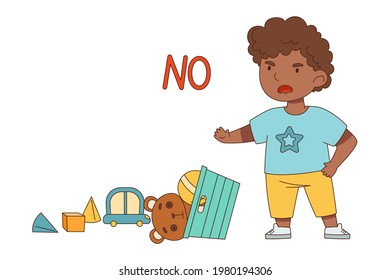 Grumpy Boy with Tossed Toys Grizzling Vector Illustration