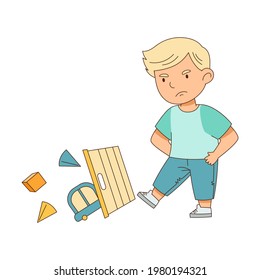 Grumpy Boy Tossing Toys With His Leg Grizzling Vector Illustration