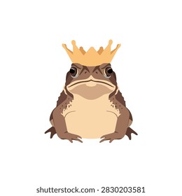 Grumpy Brown Toad Wearing a Golden Crown Vector Illustration Isolated on White Background