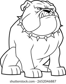Personagem de Cartoon Bulldog Grumpy Sentado com Colarinho Pontilhado - Ilustração desenhada à mão do vetor preto e branco isolada no fundo transparente