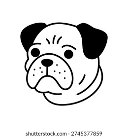 Grumpy bulldog face with wrinkled forehead and short ears. Bold cartoon pet
