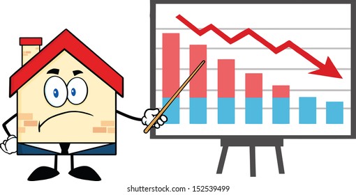 Grumpy Business House Cartoon Character With Pointer Presenting A Falling Chart