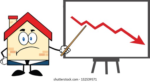 Grumpy Business House Cartoon Character With Pointer Presenting A Falling Arrow