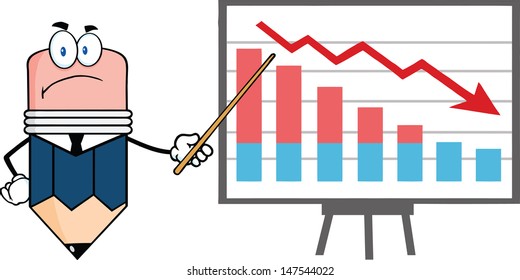 Grumpy Business Pencil Cartoon Character With Pointer Presenting A Falling Chart