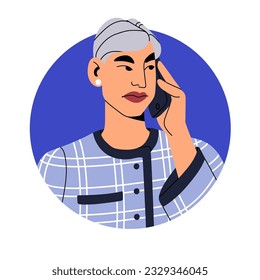 Grumpy business woman speaking on mobile during phone call, head avatar. Annoying unpleasant female character, irritated emotion, face portrait. Flat vector illustration isolated on white background
