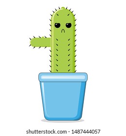 Grumpy cactus. Funny, Cute cacti cartoon character isolated on white background. Kawaii vector illustration. Decorative house plants.
