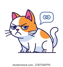 A grumpy calico cat character with a skeptical facial expression features a link icon inside a speech bubble. This funny pet design represents connectivity concepts.