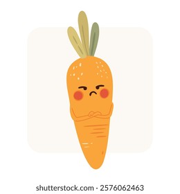 Grumpy carrot character with arms crossed! Bright orange, angry expression, simple design. Perfect for kids, funny food, or quirky projects. Vector illustration.