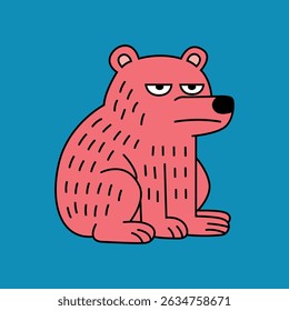 Urso de Desenho Animado Rabugento Sentado em Fundo Azul - Engraçado Rosa Animal Ilustração com Expressão Descontente, Estilo Desenhado à Mão, Perfeito para Crianças Livros, Adesivos, Mercadoria e Web Gráficos