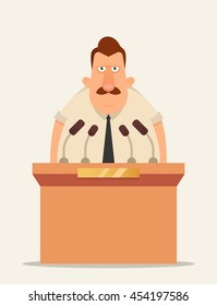 Grumpy Cartoon Boss Speaking On Podium. Vector Illustration