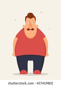 Grumpy Cartoon Character and A Lot of Mosquitoes Flying Around Him. Vector Illustration