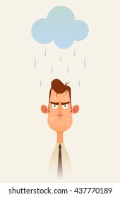 Grumpy Cartoon Character Standing Under the Rainy Cloud. Bad Day Concept. Vector Illustration