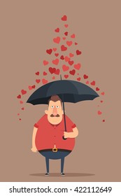 Grumpy Cartoon Character with Umbrella Standing Under the Rain of Hearts. Vector Illustration