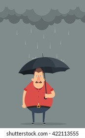 Grumpy Cartoon Character with Umbrella Standing Under the Rain. Vector Illustration