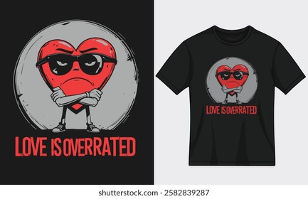 A grumpy cartoon heart wearing sunglasses with a bold 'No Love' sign and distressed 'Love is Overrated' text. Perfect for anti-romance, sarcastic, and rebellious designs.